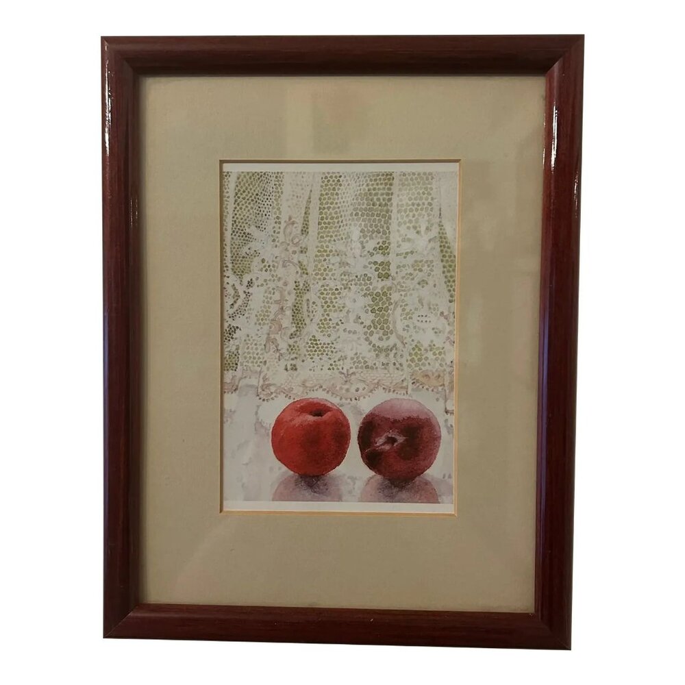 Original Framed Watercolor Artist Janet Skea Signed Two Apples Lace Burgundy